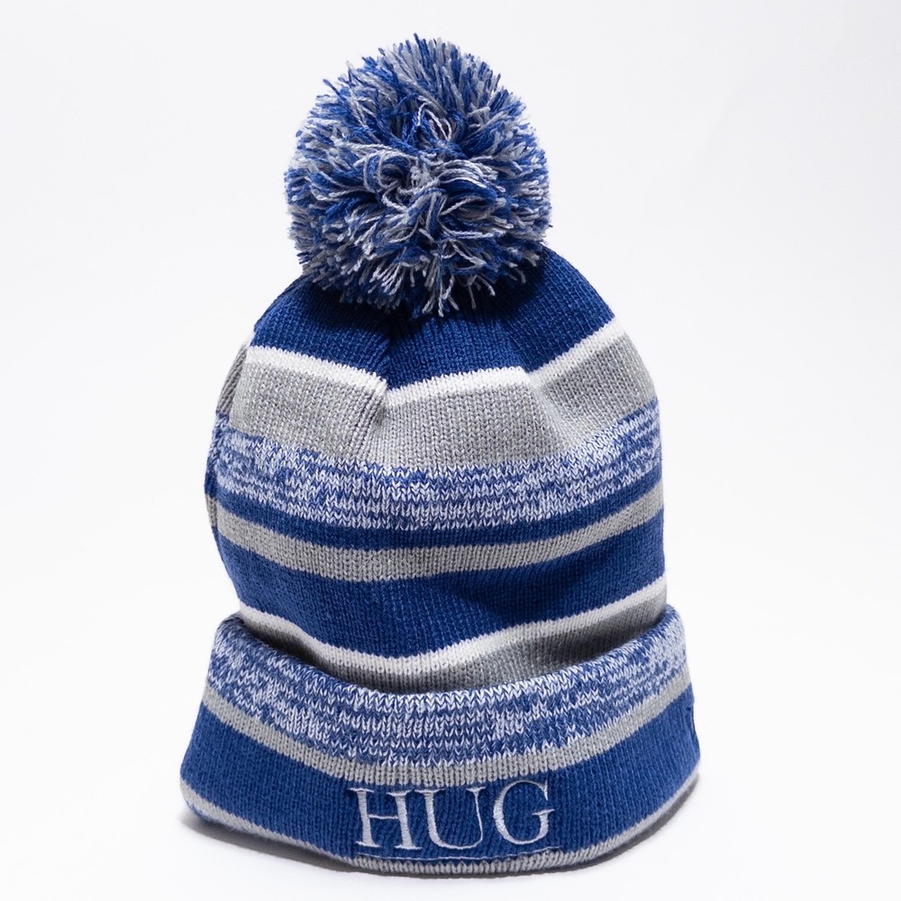 New Era Pom Pom‎ Knit Beanie Gray Blue Striped Winter Hat - Picture 6 of 17